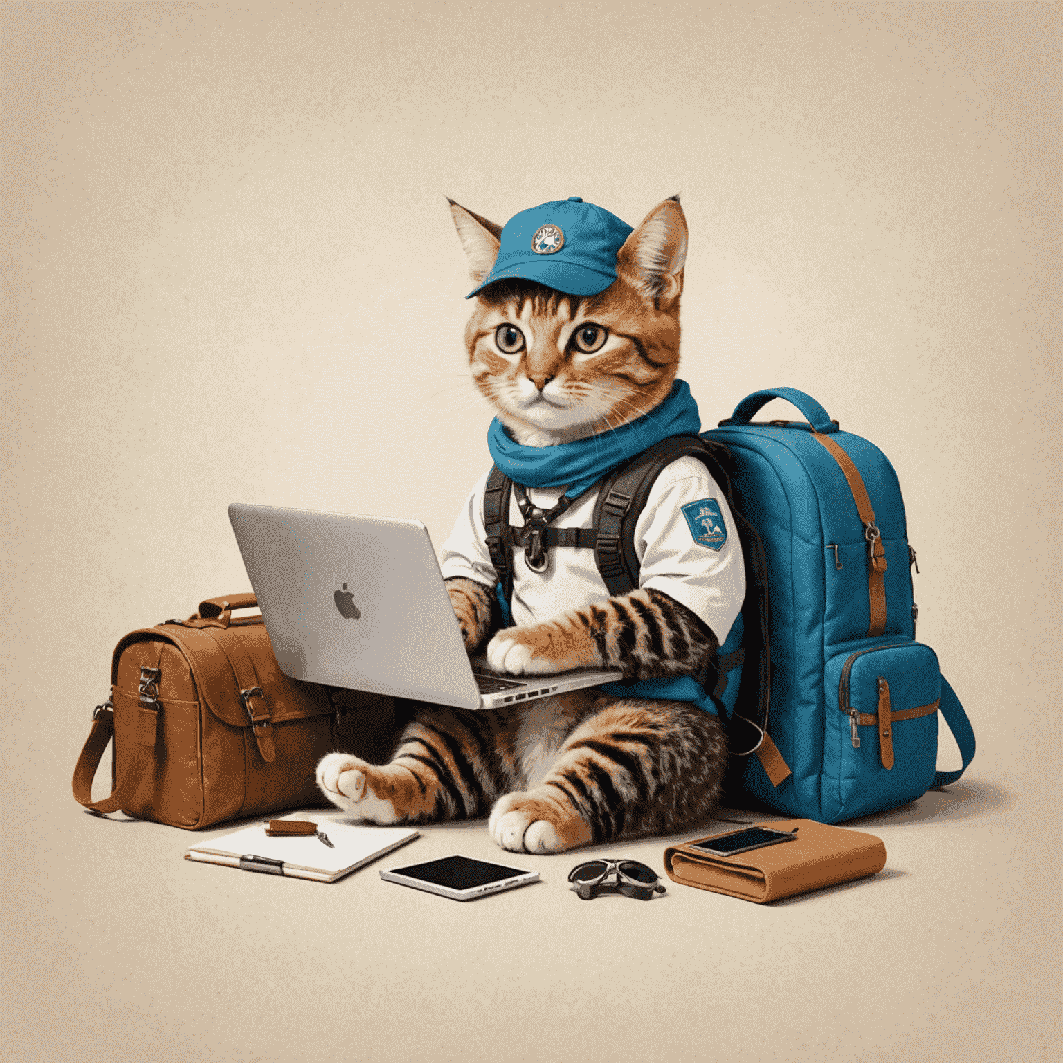 Catslaptohen Travel Agency logo featuring a cat with a laptop and travel gear