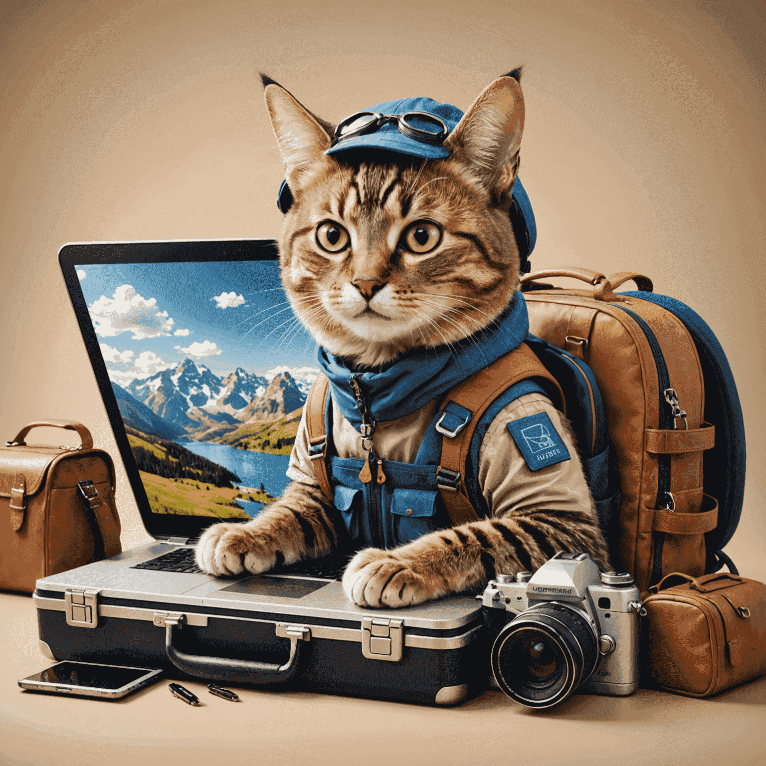 Catslaptohen Travel Agency logo featuring a cat with a laptop and travel gear