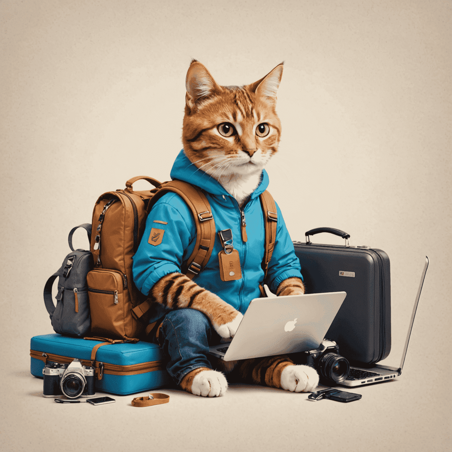 Catslaptohen Travel Agency logo featuring a cat with a laptop and travel gear