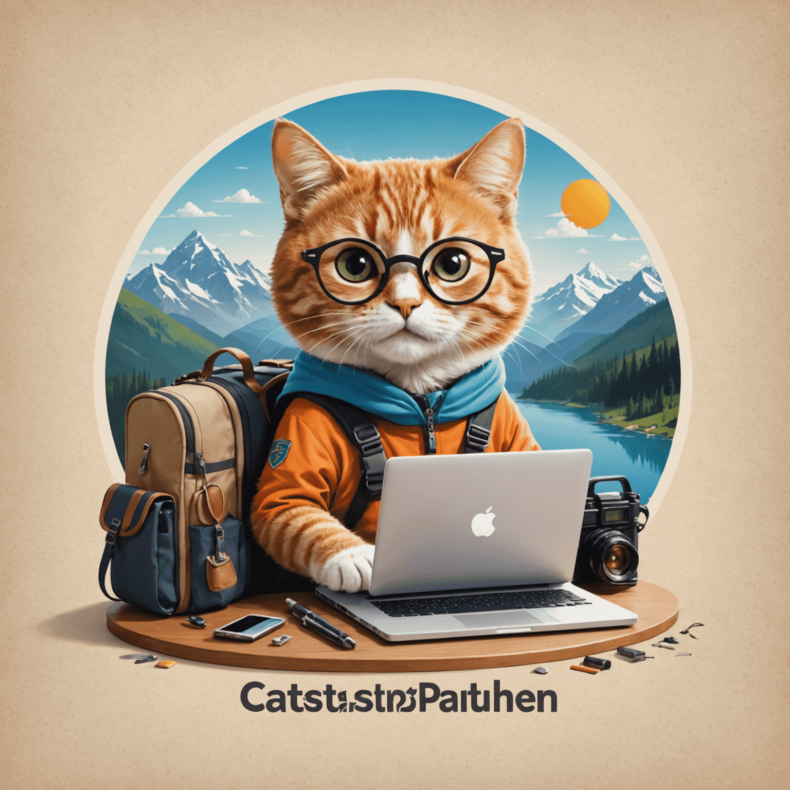 Catslaptohen Travel Agency logo featuring a cat with a laptop and travel gear