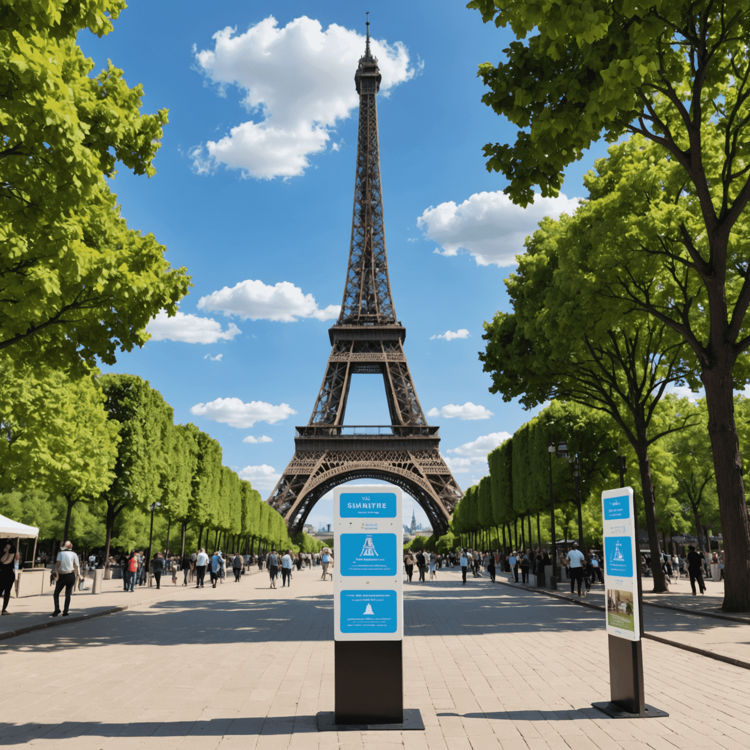 Eiffel Tower with social distancing markers and hand sanitizing stations