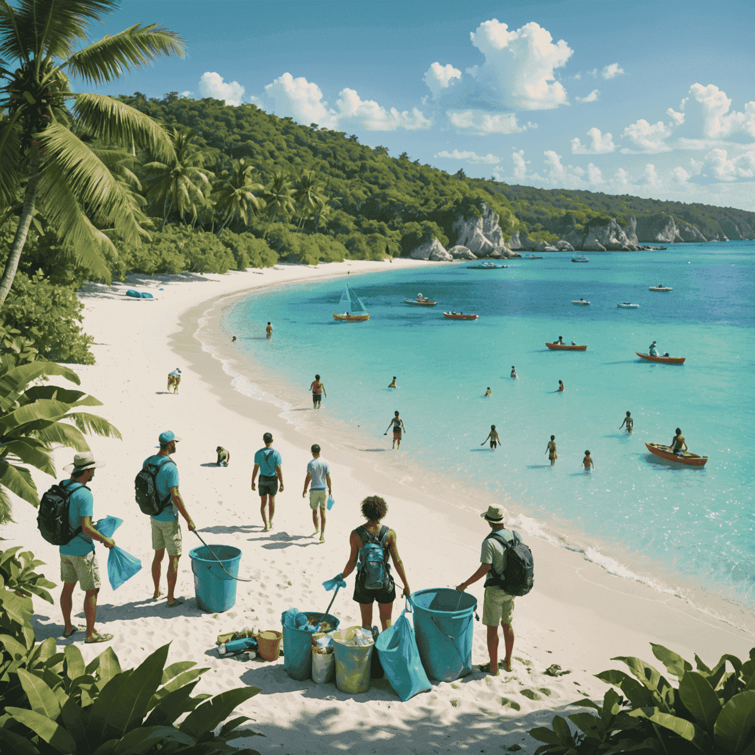 A serene landscape showcasing a pristine beach with clear turquoise waters, surrounded by lush green vegetation. In the foreground, a group of travelers are participating in a beach clean-up, while a local guide explains the importance of preserving the natural environment.