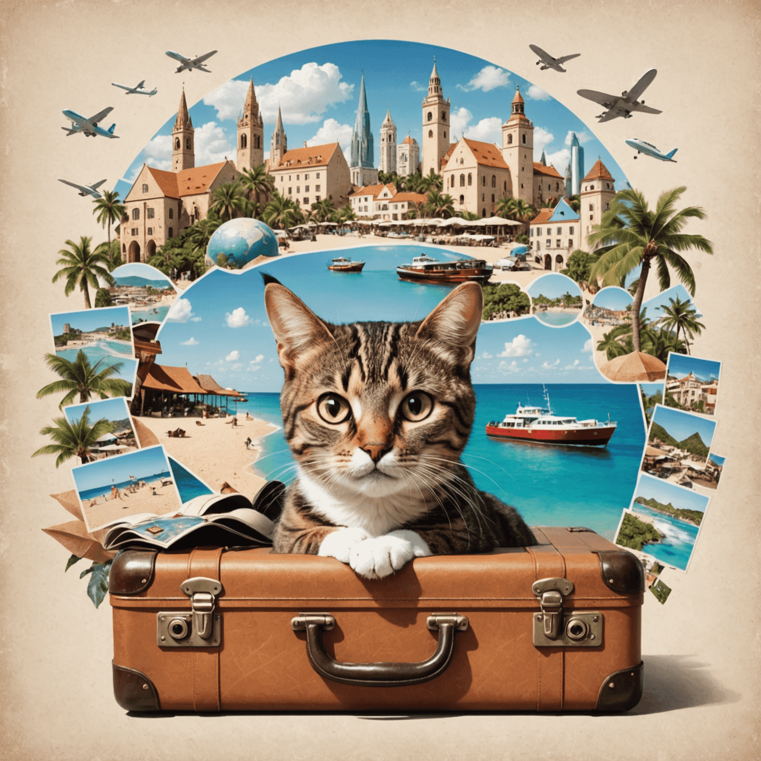 A collage of trending travel destinations, featuring a mix of bustling cities, serene beaches, and adventure spots. A playful cat icon is seen peeking from behind a suitcase in the corner.