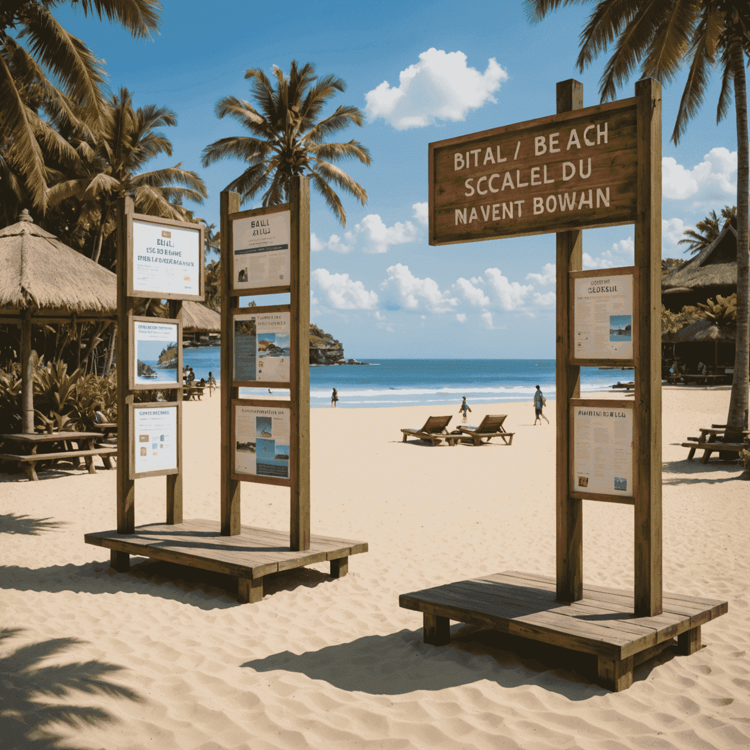 Bali beach with social distancing areas and safety information boards