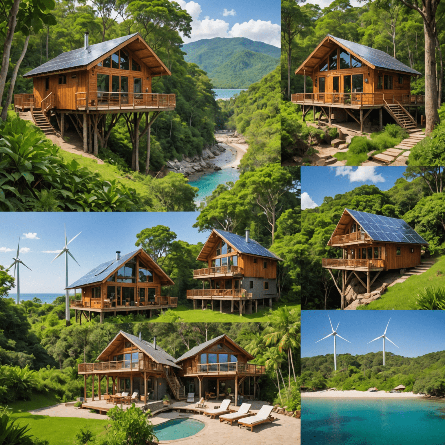 A collage of sustainable accommodations, featuring a solar-powered eco-lodge nestled in a forest, a treehouse retreat overlooking a lush valley, and a beachfront hotel with visible wind turbines and solar panels. Happy travelers are seen enjoying these eco-friendly spaces.