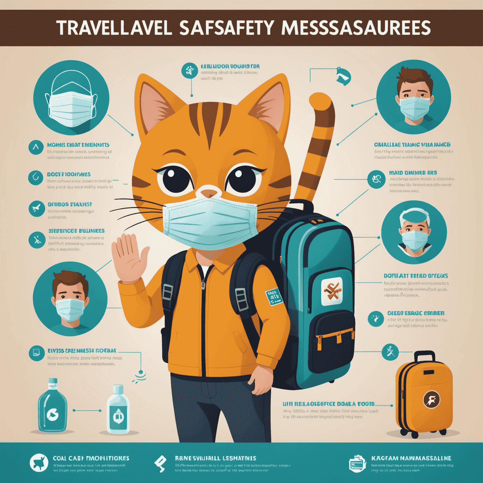 An infographic showing travel safety measures, with icons representing masks, hand sanitizers, and social distancing. A cartoon cat is demonstrating proper mask-wearing technique.