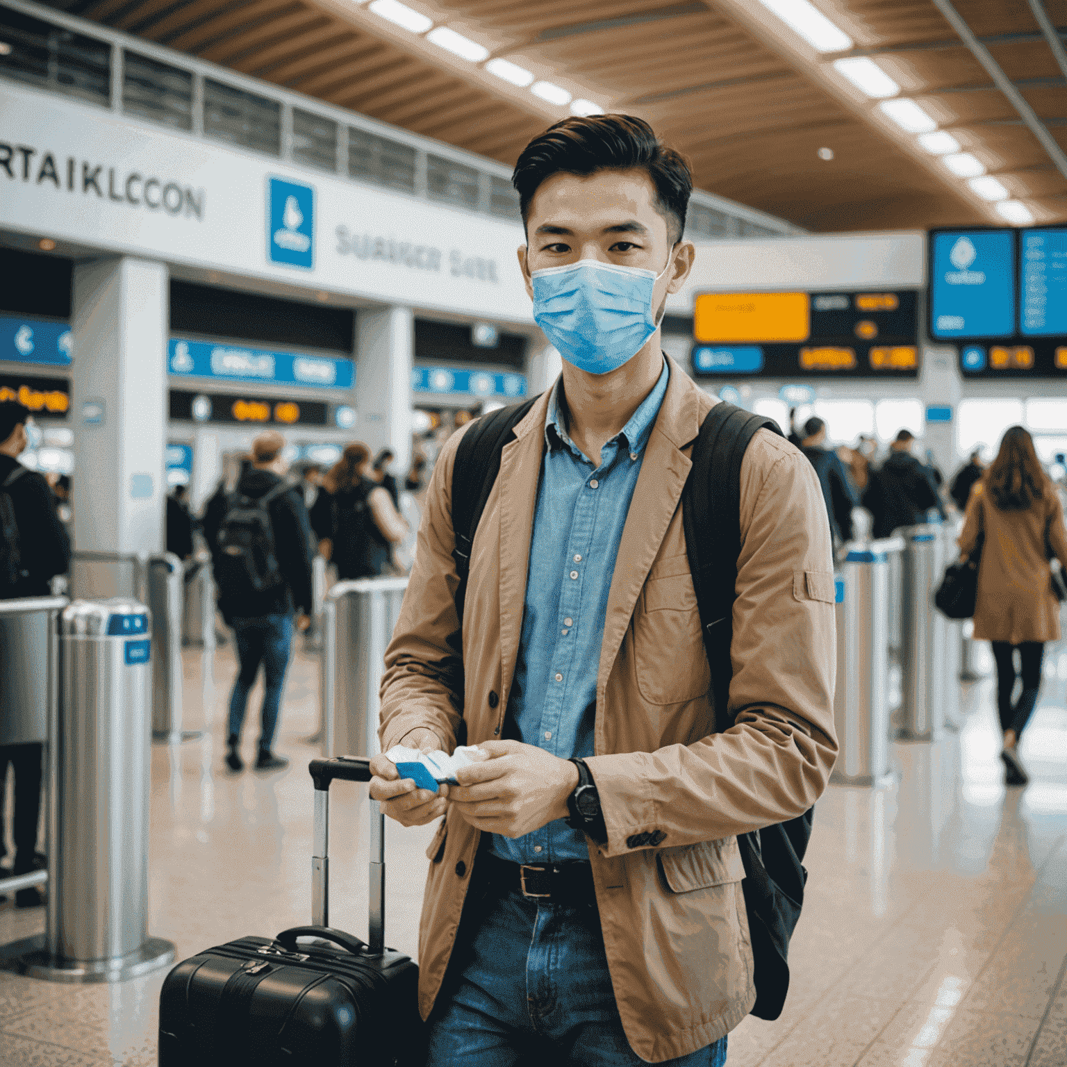 Traveler wearing mask and using hand sanitizer at an airport