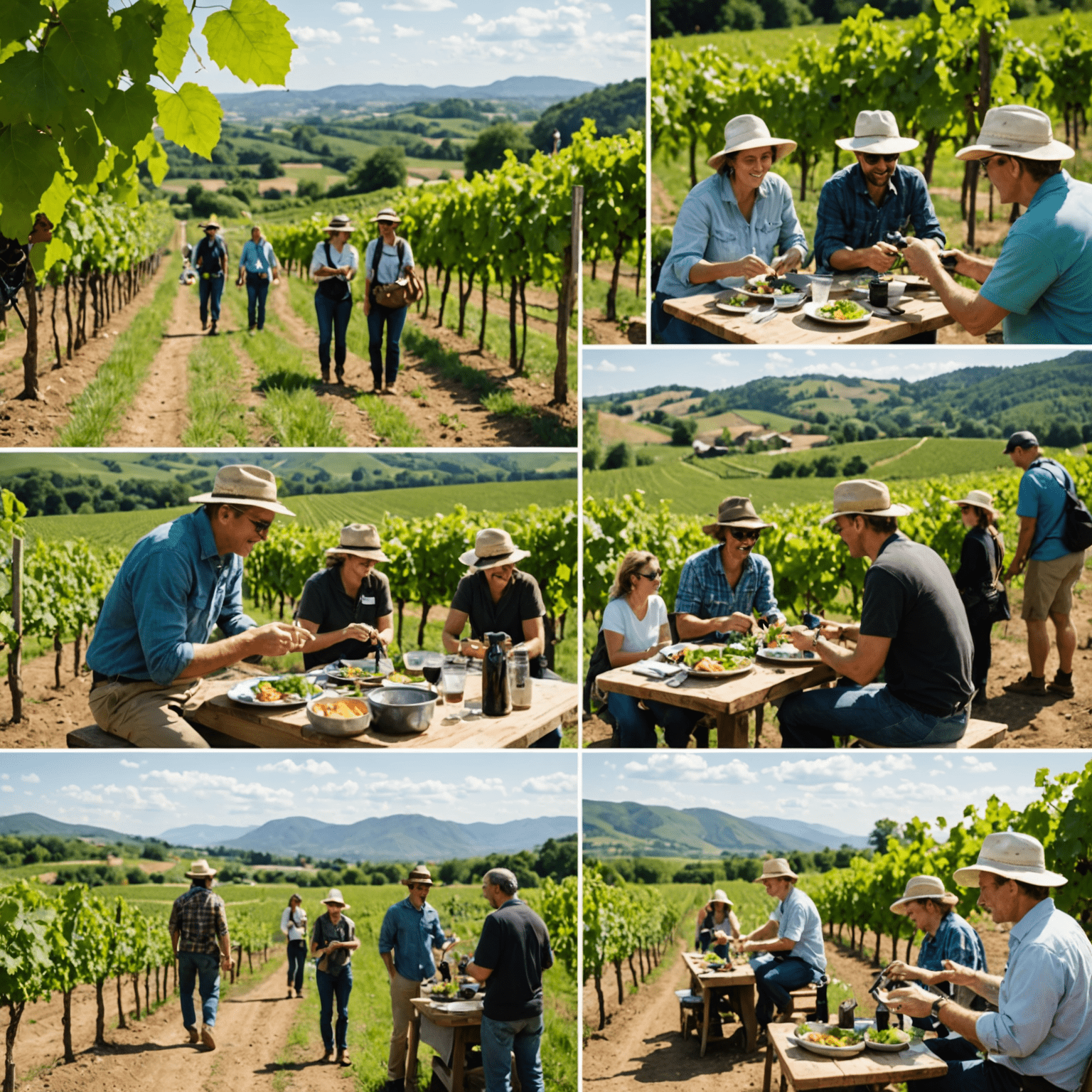 A triptych of eco-adventures: 1) Travelers observing and photographing endangered species in a natural habitat, 2) A group enjoying a farm-to-table meal in an organic vineyard, 3) Volunteers planting trees as part of a reforestation project, all showcasing happy, engaged participants.