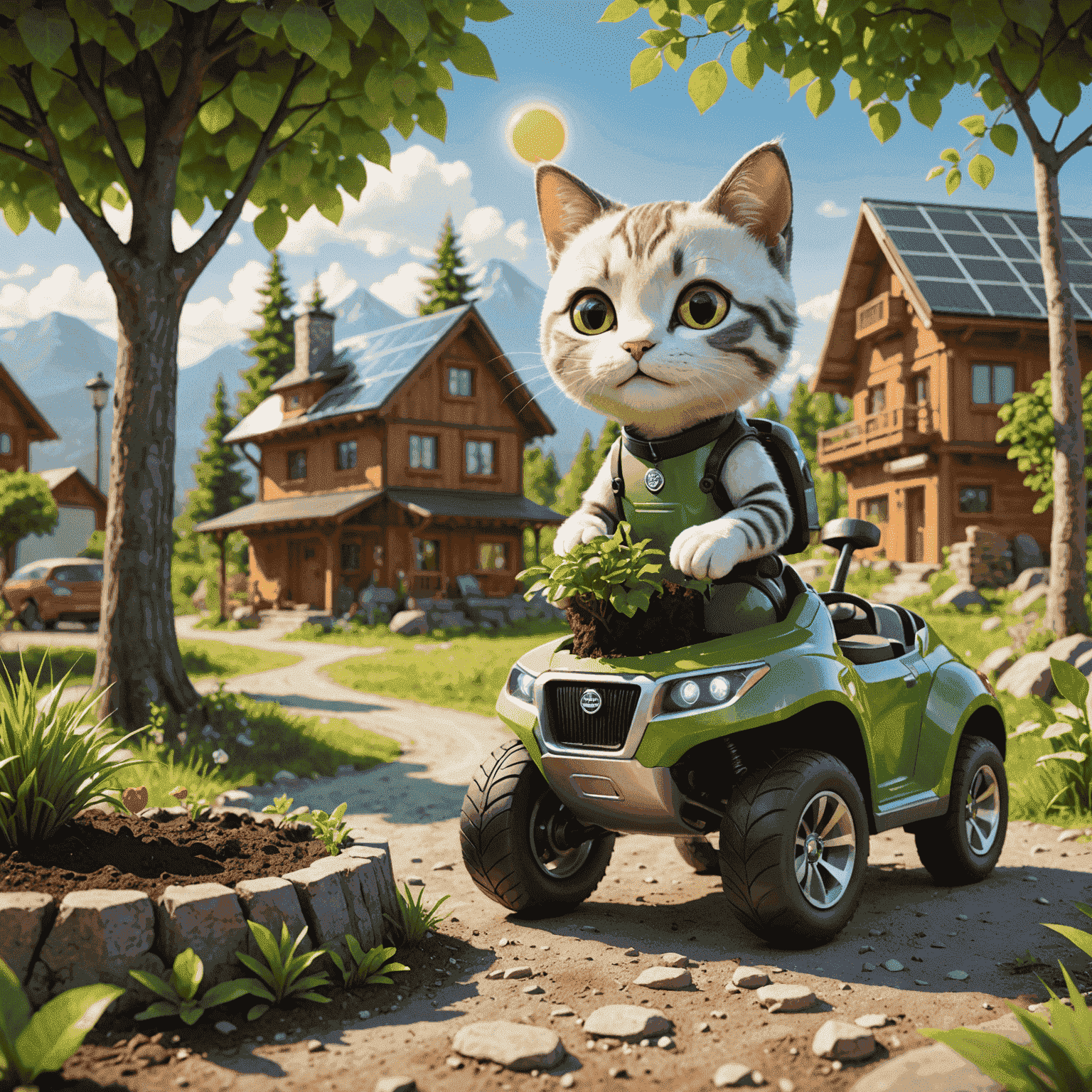 A serene landscape showcasing eco-friendly travel practices, such as solar-powered accommodations and electric vehicles. A cute cat mascot is planting a tree in the foreground.